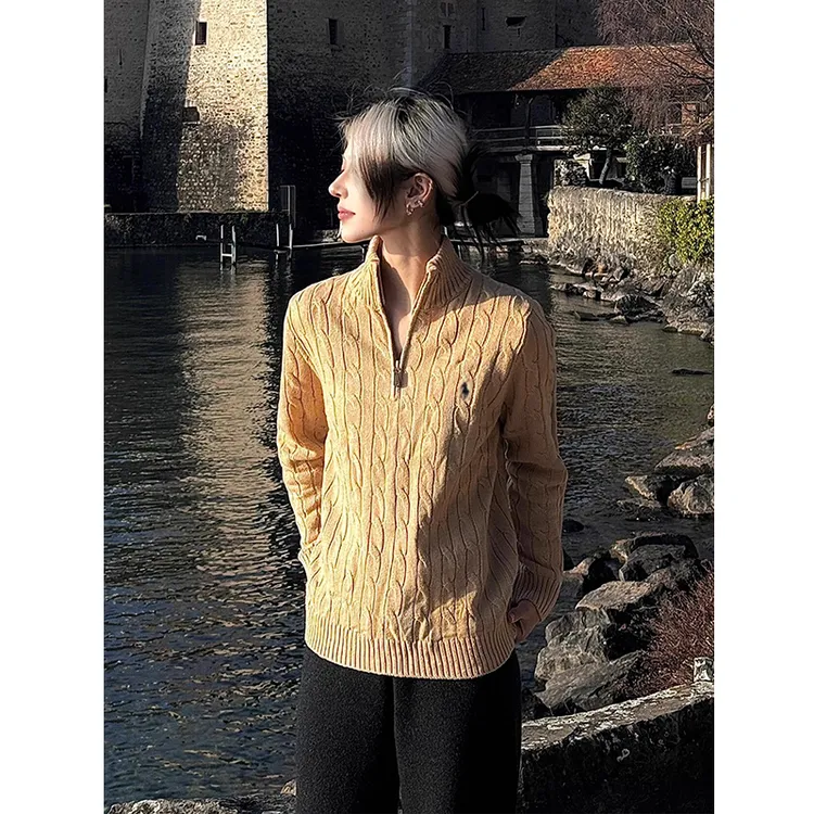 卡其色小马标刺绣半拉链毛衣男款秋冬季立领麻花条纹高级感针织衫