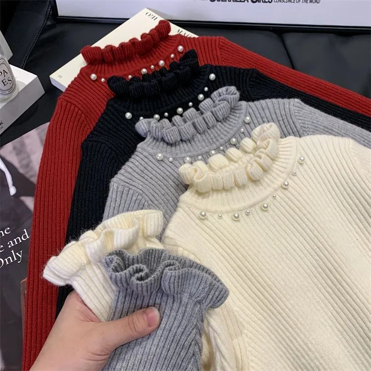女童打底衫冬装2025新款洋气儿童百搭纯色花边领针织衫小女孩毛衣
