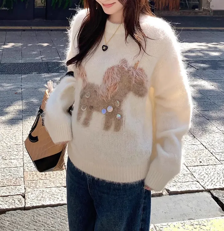 2025圣诞上衣高级感流苏小马亮片套头针织衫时尚宽松百搭保暖毛衣