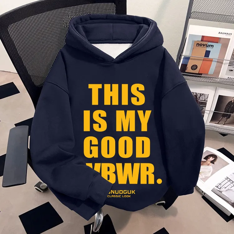 Dekkry秋冬青少年连帽卫衣加绒男女创意英文印花藏青色无口袋上衣