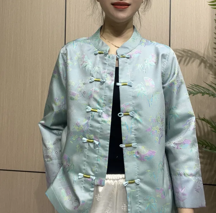 2025复古提花直襟上衣中国风薄款立领早秋款外套
