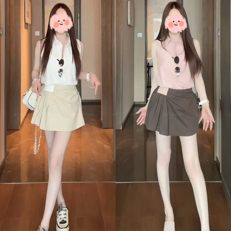 女生韩系ins衣服2025夏季洋气无袖衬衫显瘦百搭设计感半身裙套装