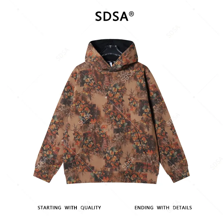 SDSA男士秋冬新款痞帅男装宽松撞色植物花卉连帽卫衣百搭套头上衣