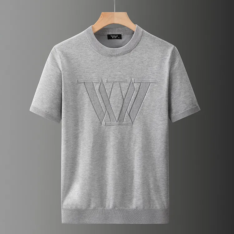 男士圆领秋冬大码短袖针织衫时尚潮流百搭T恤修身纯色提花打底衫