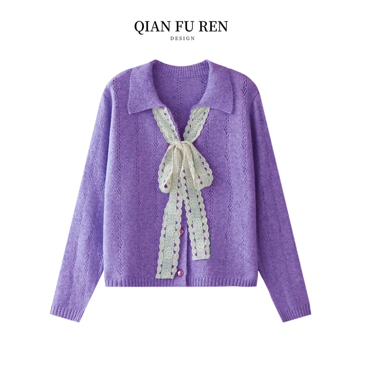 【钱夫人原创】设计感系带蝴蝶结V领羊毛混纺毛衣开衫减龄针织衫