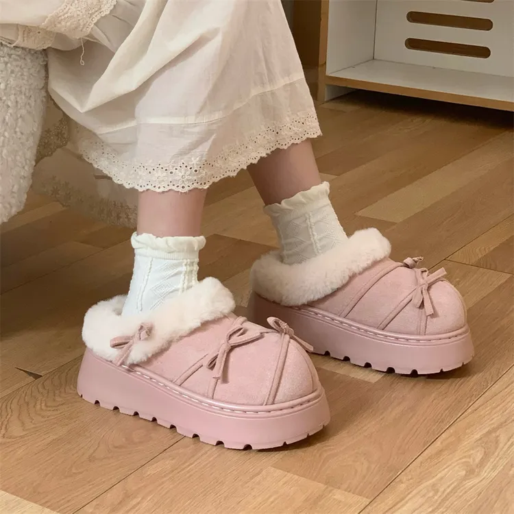 细细条 学生韩系蝴蝶结加绒乐福棉拖鞋厚底防滑一脚蹬毛毛鞋女冬