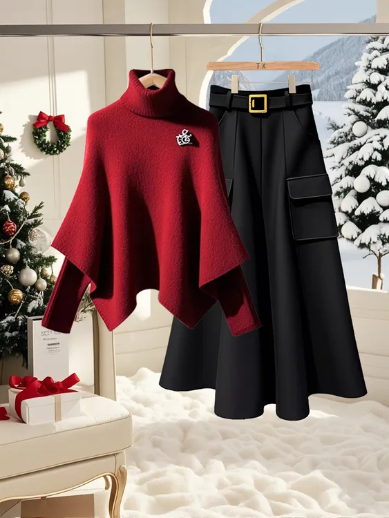 2025秋冬品质女装时尚气质富家千金衣服假两件斗篷毛衣半身裙套装