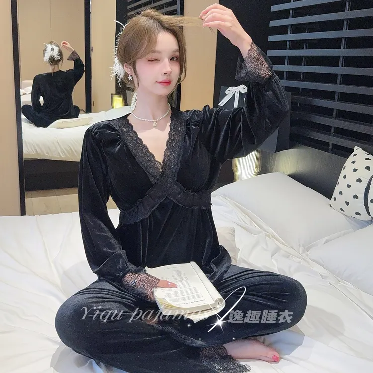 【气质迷人】秋冬丝绒时尚纯欲风蕾丝花边薄款长袖轻奢高级感家居服