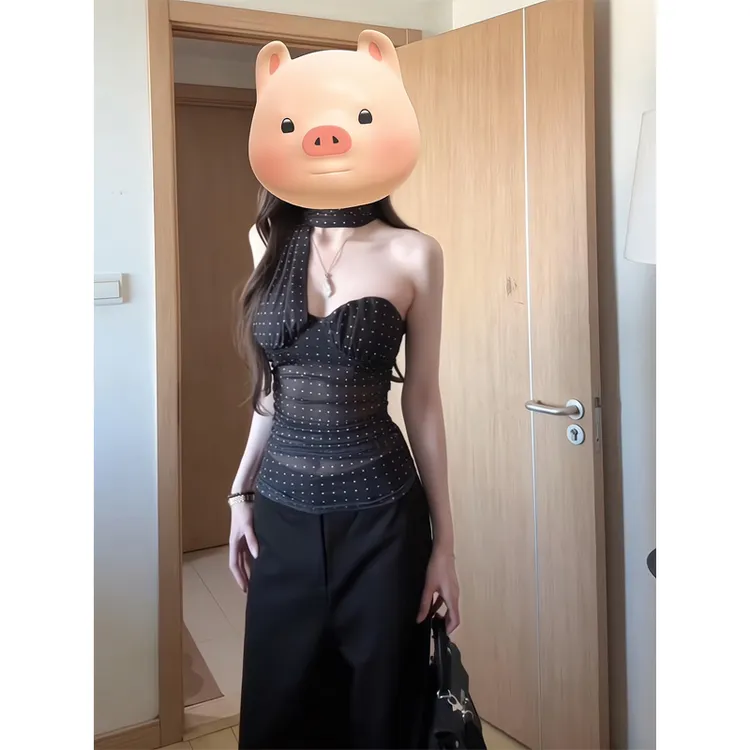 黑色波点挂脖抹胸背心吊带独特上衣绝美外穿阔腿西装裤垂感直筒裤
