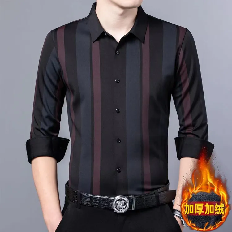 24513款加绒冬季抗皱免烫轻奢竖条商务时尚休闲男士保暖长袖衬衫
