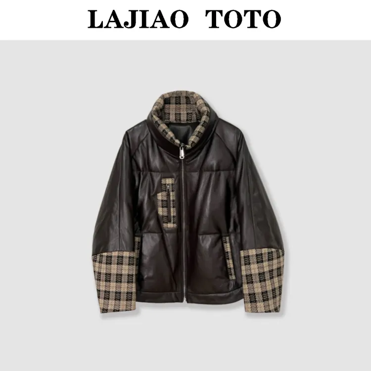 辣椒姐【暖绒皮羽】绵羊皮拼接格子轻奢保暖冬季皮羽绒女士外套#853