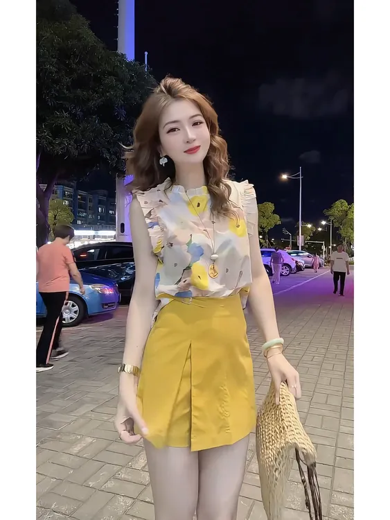 2025夏季新款森系简约无袖气质衬衫上衣黄色高腰半身裙时尚两件套