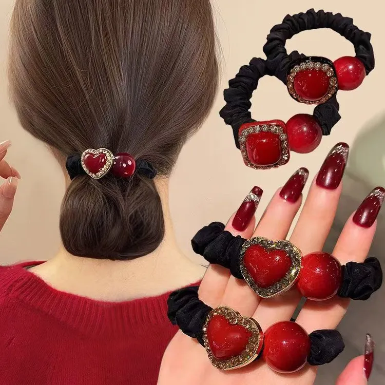 【2个装】鸿运发饰百搭红色爱心小肠高颜值皮筋发绳头绳新款头饰品