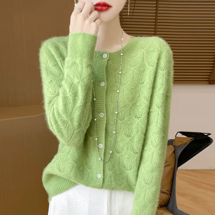 胖mm春秋大码女士外搭100纯羊毛针织开衫早秋高级感短款毛衣外套