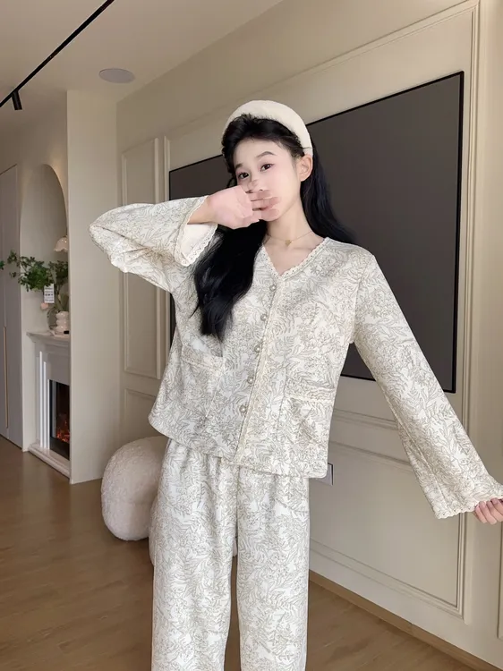 二娴家女士秋冬厚款V领国风高级感显瘦显气质羊绒家居服睡衣套装