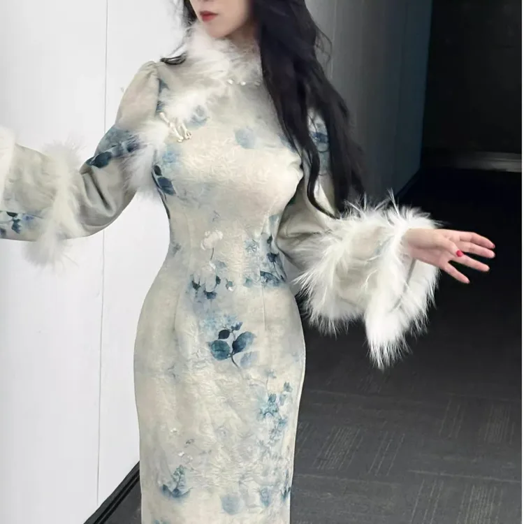 爆款新中式国风秋冬厚款提花针织倒大袖 晚香玉冬季冬款加厚加绒