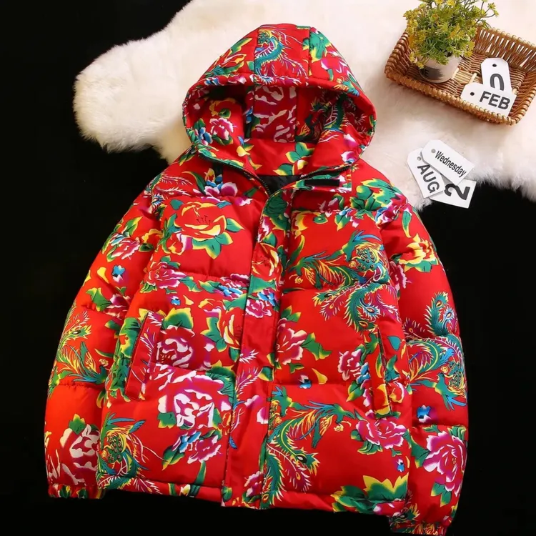 帽子款国潮大码东北大花棉袄连帽冬季保暖面包服