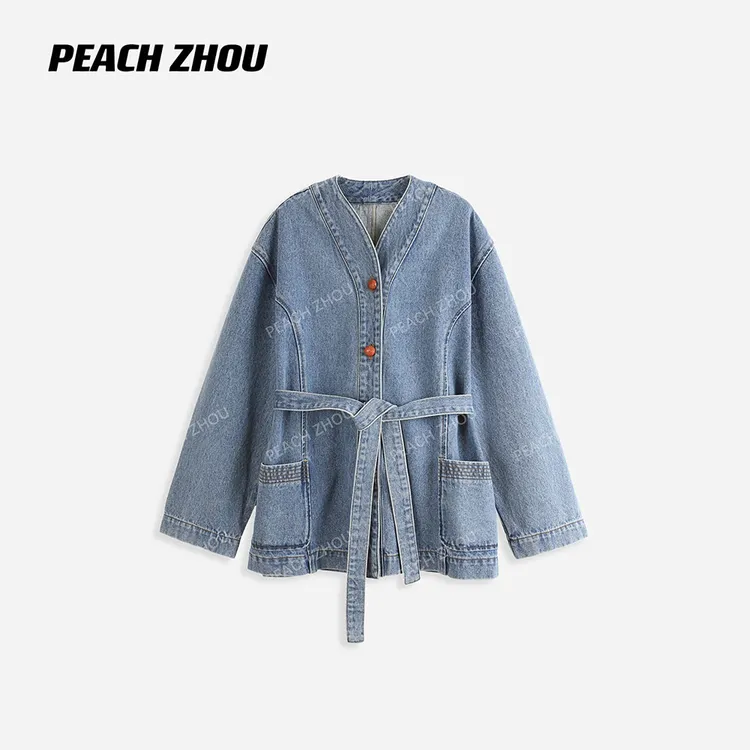 『PEACHZHOU』水洗道袍领真皮纽扣宽松休闲时髦腰带牛仔开衫外套