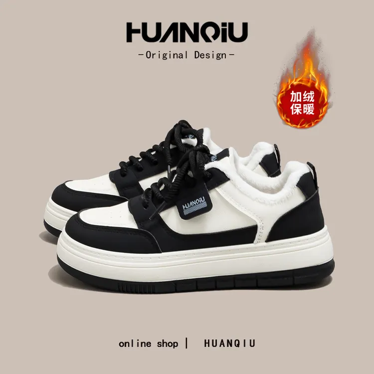环球黑白熊猫加绒加厚网红小白鞋女2025新款爆款休闲棉鞋M-HC060