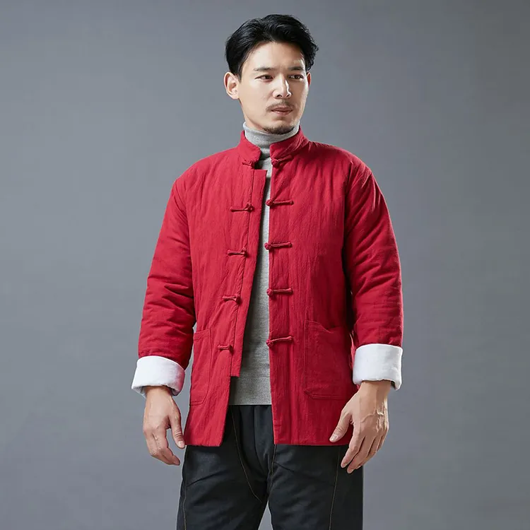 纯棉布料棉衣男款中国风盘扣禅意衣服冬季加厚棉服外套中式棉袄红