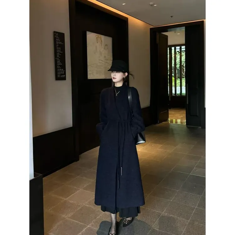 R123387W【羊驼毛+绵羊毛】毛呢外套长款显瘦长袖气质黑色呢大衣