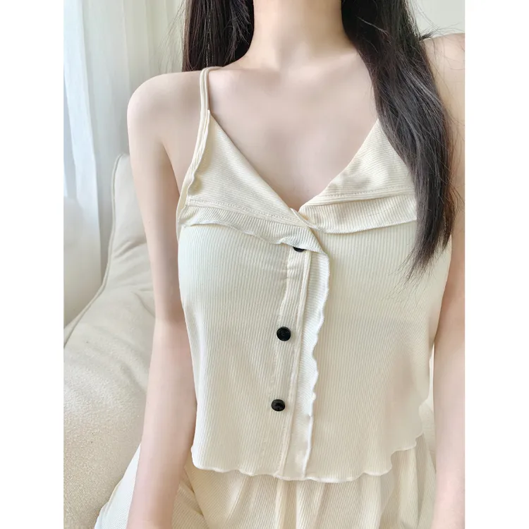 莫代尔睡衣女款夏季吊带露背性感纯欲带胸垫一体两件套薄款家居服