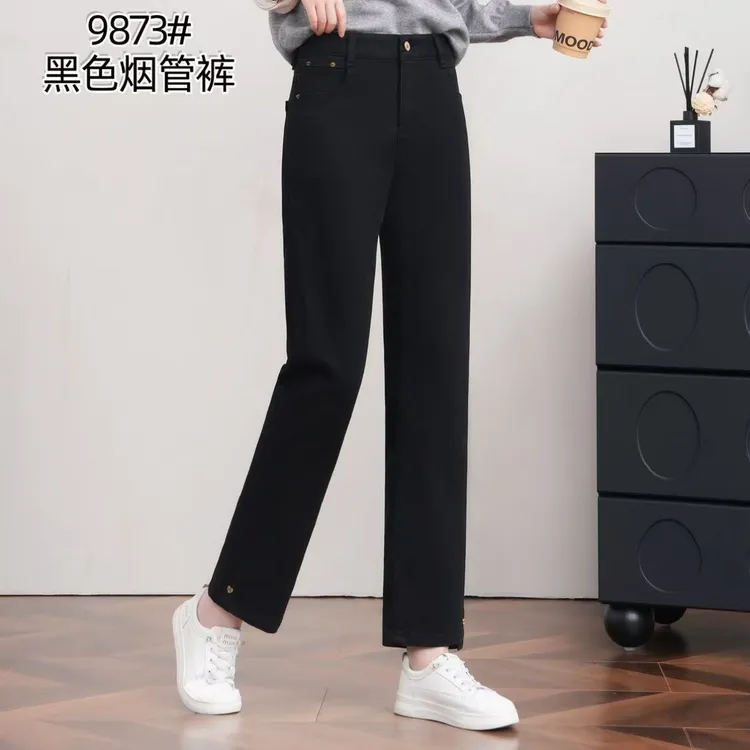 9873中高腰四面弹九分蜡笔裤女双扣设计牛仔裤直筒显瘦黑色烟管裤