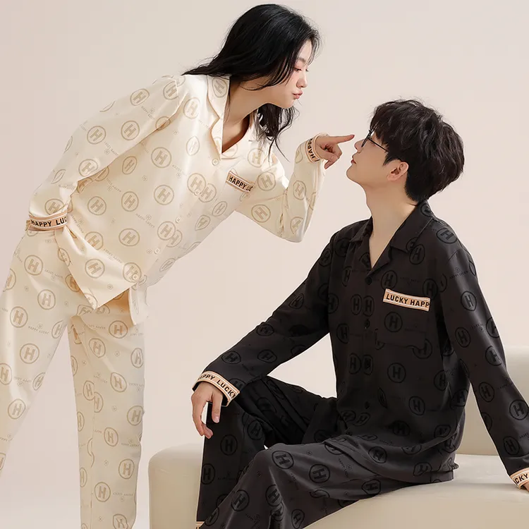 雅蝶茜秋冬男女长袖睡衣套装纯棉翻领高端时尚情侣可外穿家居服潮