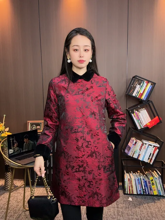 娃娃领中长裙连衣裙复古中国风印花民族风秋冬提花新中式网红气质