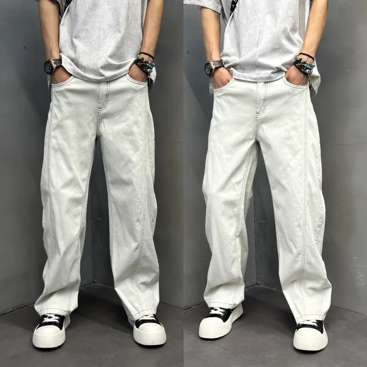 2025春夏季新款白色水洗牛仔裤男款潮牌痞帅美式高街修身弹力裤子