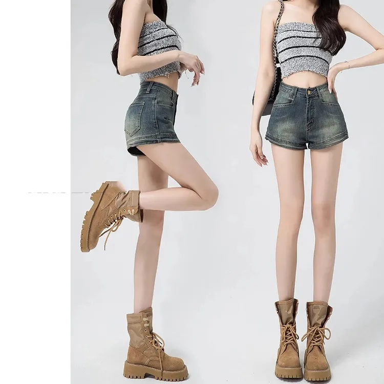 美式复古牛仔短裤女夏季薄款外穿高腰紧身弹力a字超短辣妹热裤子