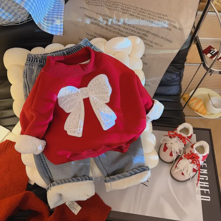 男女童加绒卫衣2026新款马年冬红色上衣加绒加厚蝴蝶结拜年服