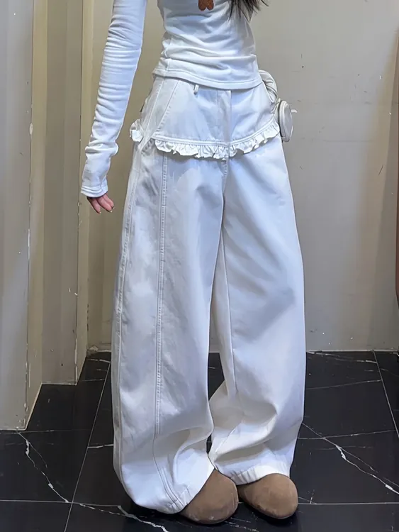 美式辣妹设计感立裁花边牛仔裤子女复古白色宽松bf慵懒风拖地长裤