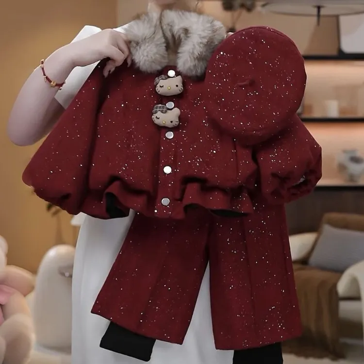 女童冬季套装2025新款年服毛呢套装冬装洋气毛领卡通加绒两件套