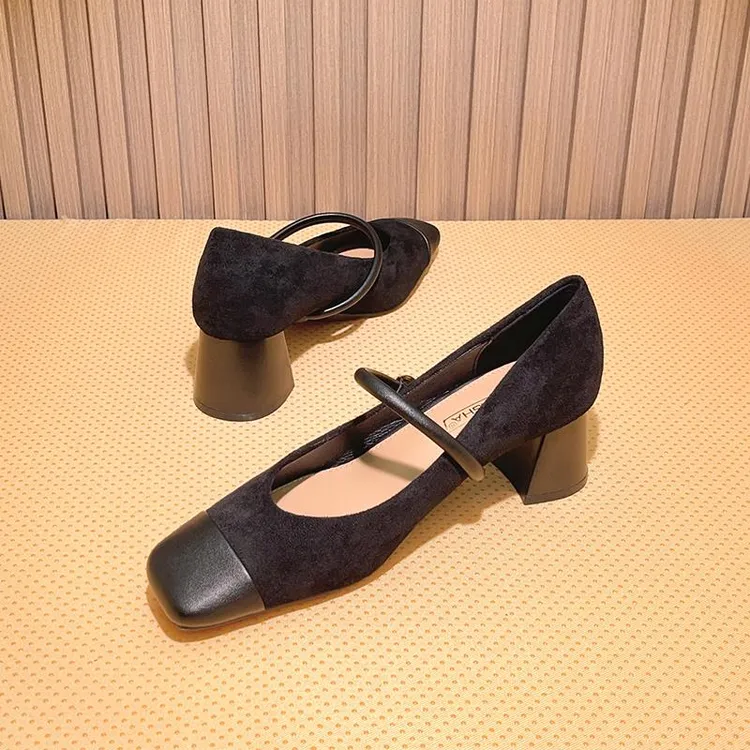 法式玛丽珍女鞋2025新款秋冬高跟鞋方头晚晚风一字带黑色女士单鞋