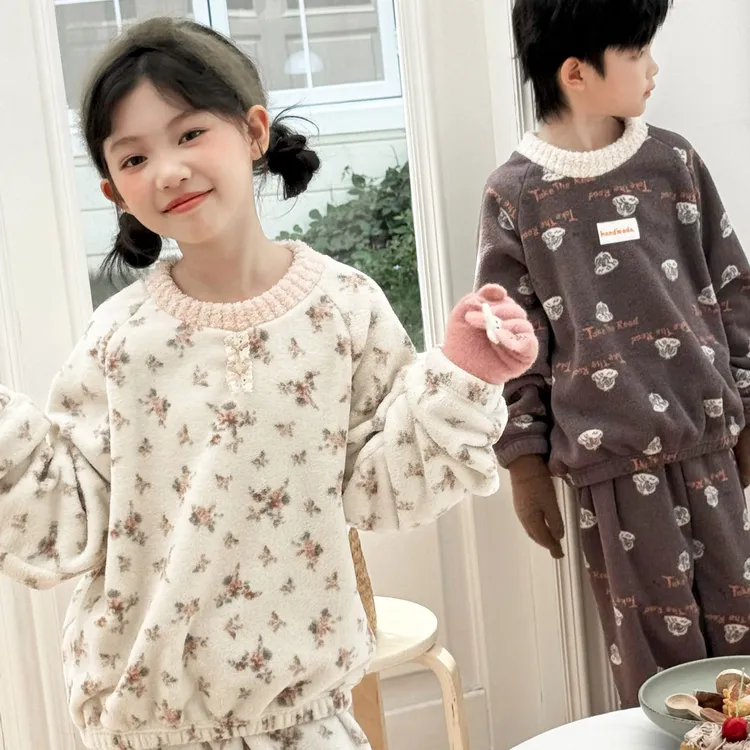 A类儿童家居服雪呢绒冬季加绒加厚女童男童睡衣套装保暖两件套