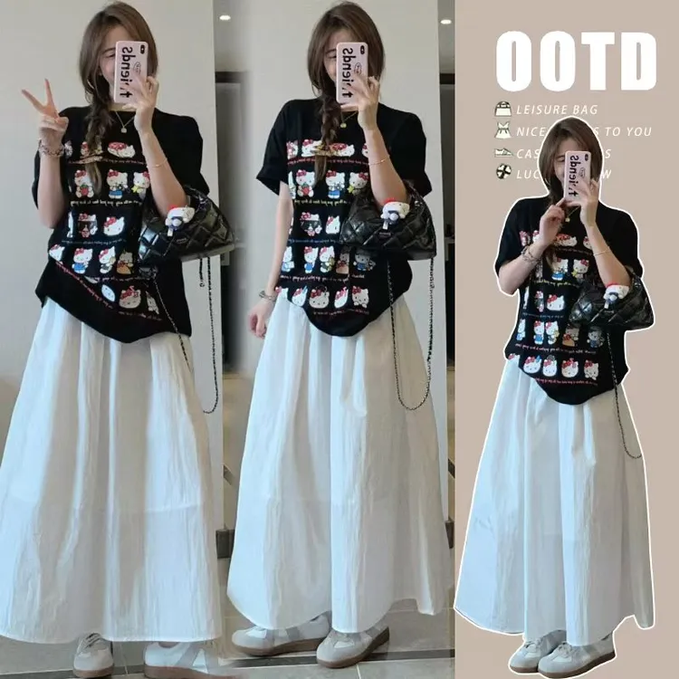 孕妈妈时髦套装2025新款孕妇夏装潮版T恤上衣+孕妈妈半身裙两件套