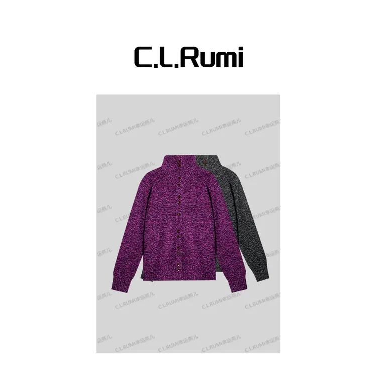【Rumi精选】”暮山紫”25秋冬高克重夹花纱宽松长袖羊毛上衣7220sy
