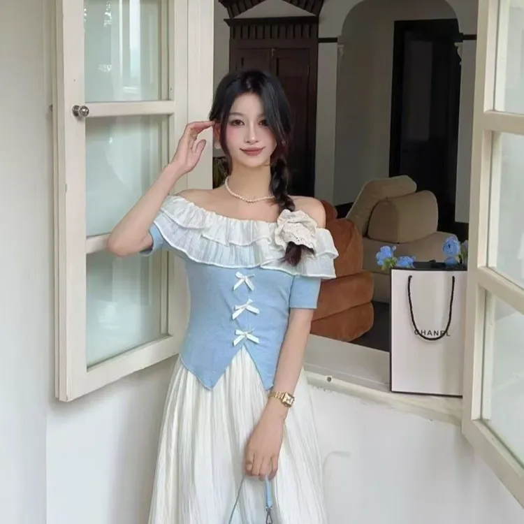 法式一字肩拼接撞色恤女夏季新款设计感小众修身显瘦连衣裙套装
