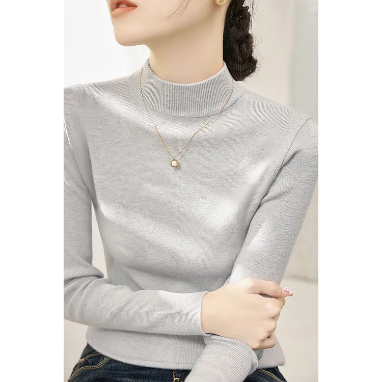 时髦浅色系半高圆领套头百搭针织衫上衣女秋季长袖设计感修身毛衣