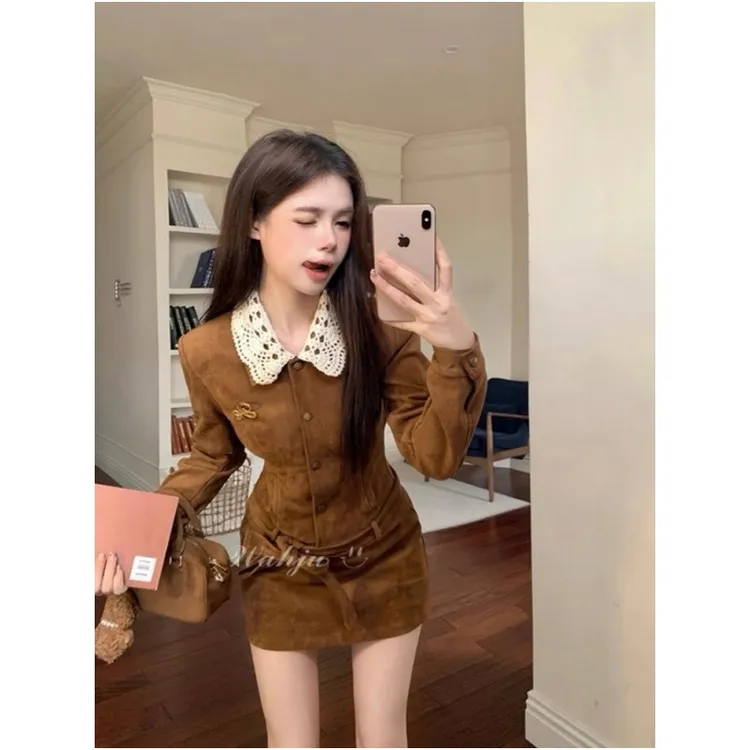 秋冬复古风麂皮绒翻领设计感修身显瘦外套美拉德半身裙巨好看套装