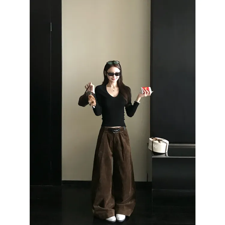 SKK秋冬热可可'强推复古感各种爱搭配老钱天丝棉捏褶灯芯绒阔腿裤