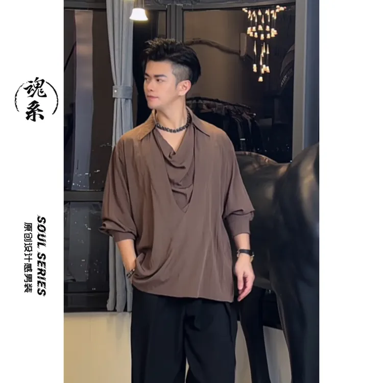 [魂系]秋季新款暗黑风堆堆领假两件衬衫套头衬衣男士F16025+C9801