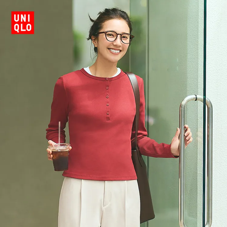 优衣库女装罗纹亨利领T恤/长袖修身短款内搭打底25新款479591