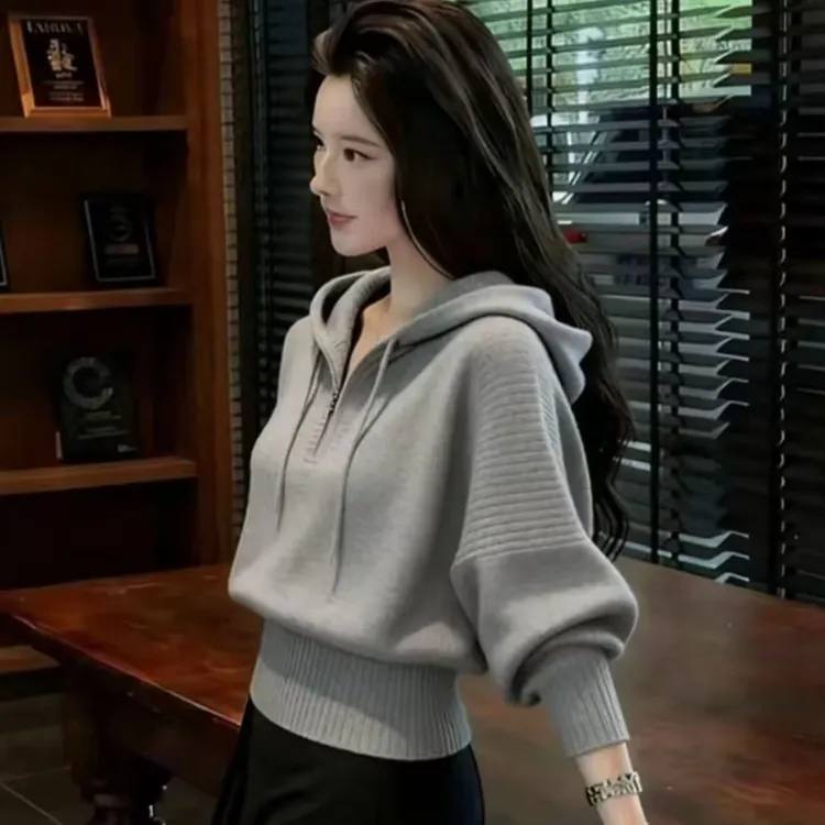 毛针织衫针织长袖连帽保暖加厚厚款纯色网红女