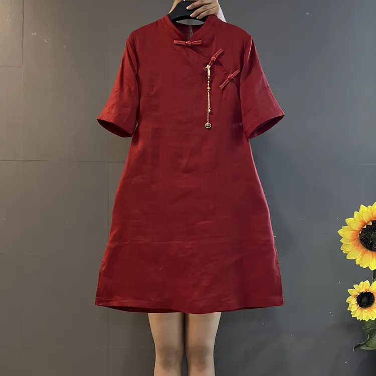 新中式国风常规款枫叶红一字盘扣收腰显瘦旗袍连衣裙
