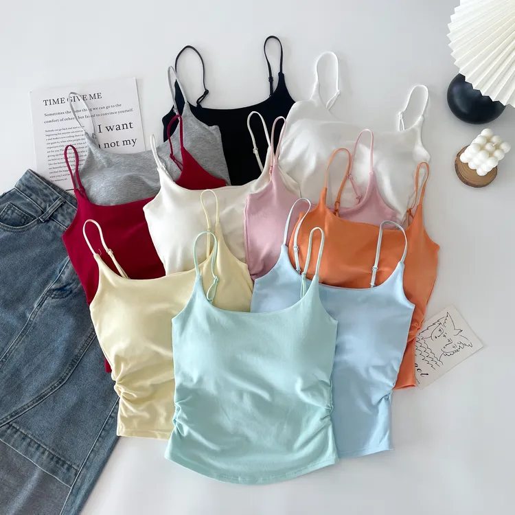 纯欲设计感褶皱百搭美背吊带背心女带胸垫显瘦外穿内搭辣妹上衣潮