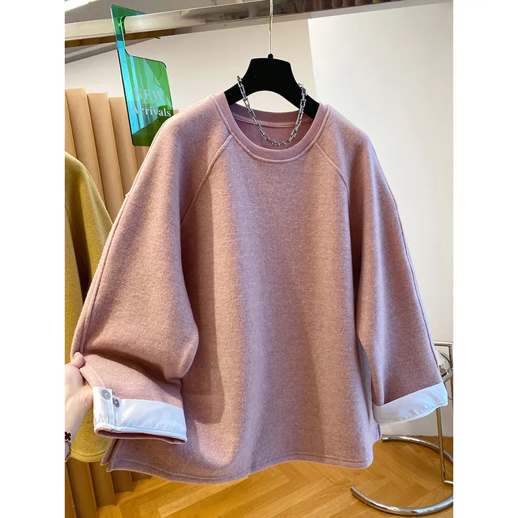 胖妹妹240斤大码慵懒风独特撞色加厚加绒卫衣女秋冬宽松保暖上衣