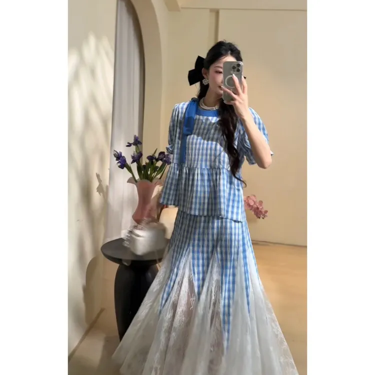 DD【海底梦境】套装女抖音半身裙小众蕾丝格子夏季轻奢千金两件套