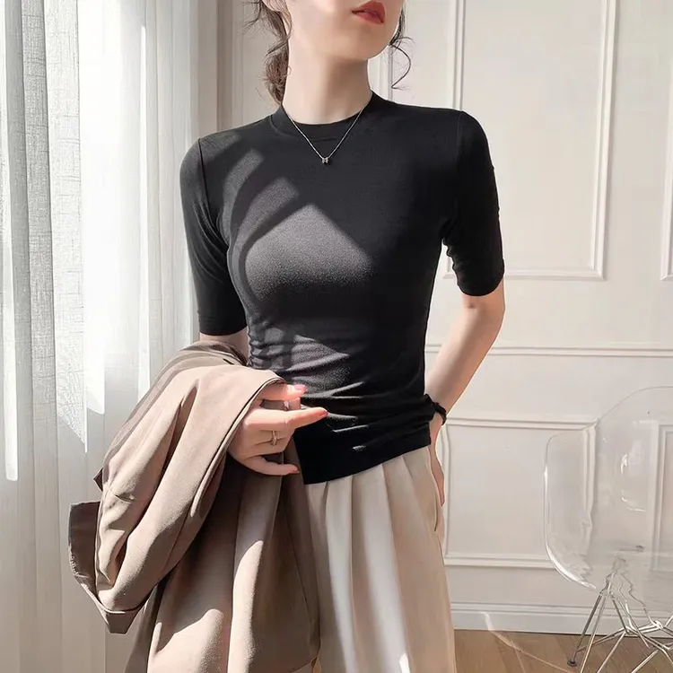 拉夏贝尔2025新款春秋大码小立领半袖T恤女修身百搭五分袖打底衫